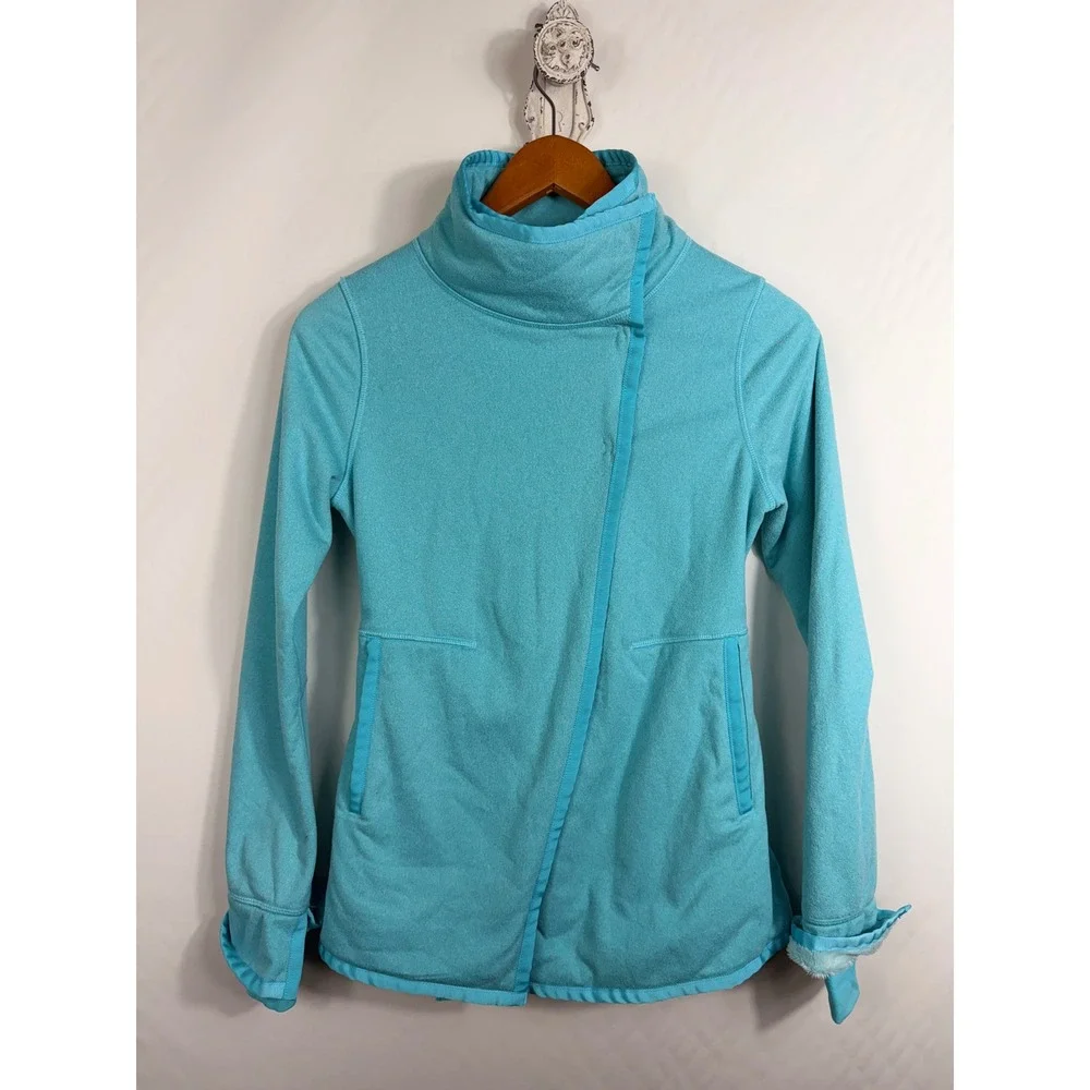 Ivivva Jacket Girls 12 Teal Blue Asymmetric Zip Fleece Lined Funnel Neck Coat